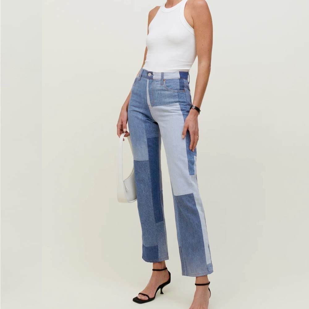 Upcycled Patchwork High Rise Straight Jeans